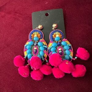 Vibrant Beaded Pom Pom Earrings